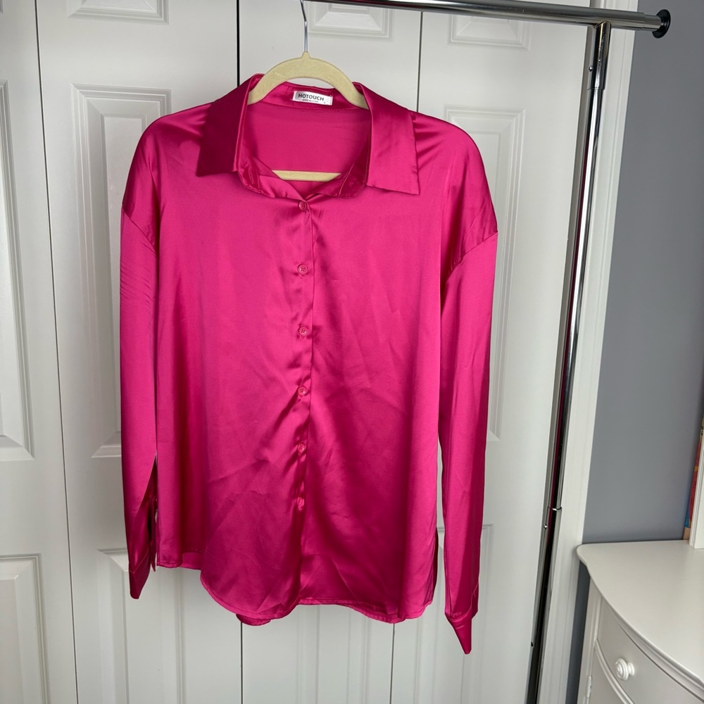 HOTOUCH HOT PINK SATIN Notched Collar Button Down Shirt